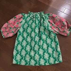 T H M L Green + Pink Paisley Puff Sleeve Top